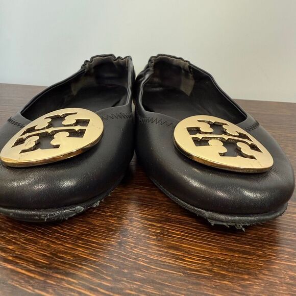 Tory Burch perfect black nappa leather Minnie Travel Ballet w/metal gold logo fl - Picture 9 of 12